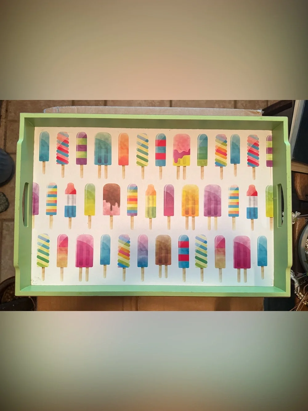 Rectangular Green Popsicle Serving Tray w/ Handles,  18 X 12.  Open Road. NEW.